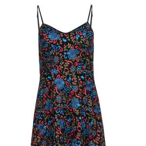 Monique Lhuillier - Black w/ Blue, Red & Green Floral Embroidery Midi Dress Sz 2